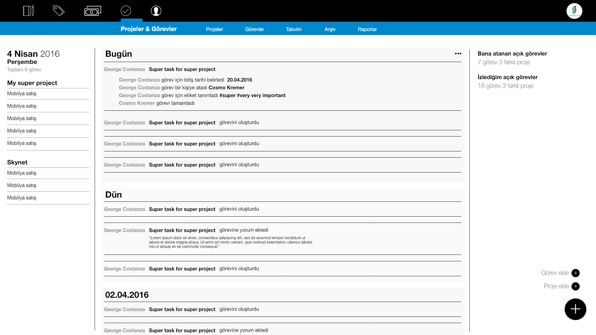 ecra crm projeler görevler